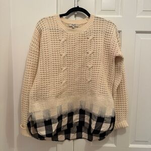 Madewell Cream Cable-Knit Sweater with Black Plaid Hem